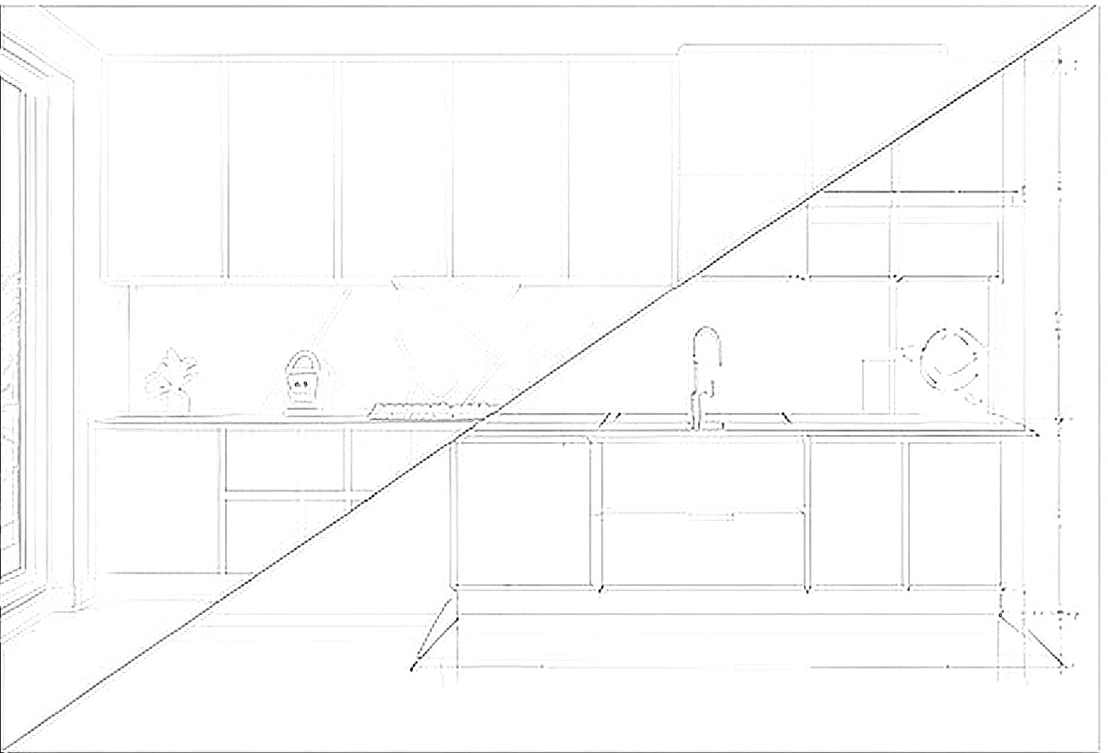 Line drawing of a kitchen